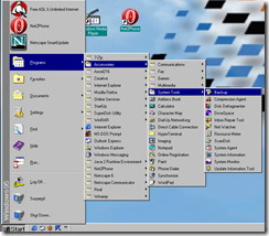 Start menu and Taskbar with Quick Launch area on Windows 95 with Internet Explorer 4 Desktop Updates